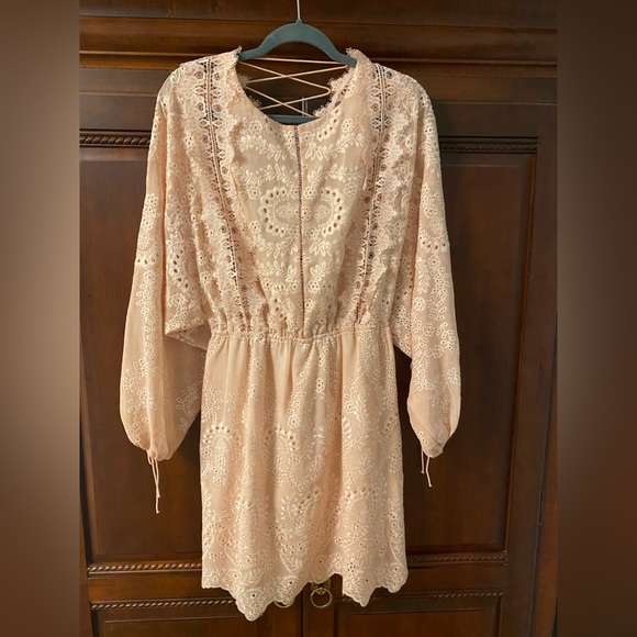 Few Moda blush pink long sleeve lace dress with peekaboo back size Large. - Picture 1 of 6
